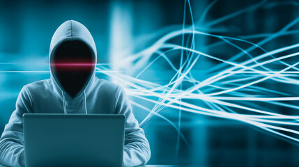 An anonymous hacker, cloaked in a hooded silhouette, intensely focuses on a laptop, their identity concealed. The composition creates a mood of digital intrusion and cyber security.