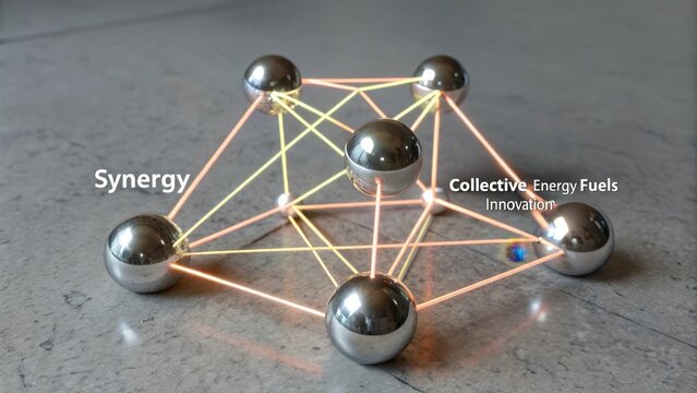 A structured network of metallic spheres interconnected by luminous lines, representing technological innovation and collective energy. - Powered by Adobe