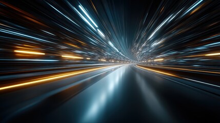Abstract motion blur light trails on a dark futuristic road, symbolizing speed, data transfer, and high-tech digital communication.