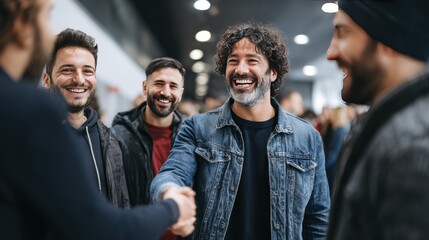Happy diverse men shaking hands, friendly greeting and social interaction at an event