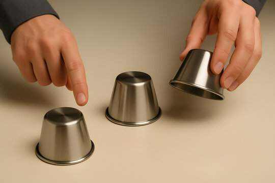 Shell game in action with metal cups. hands involved in the classic game of chance and skill, a test of observation and luck. isolated on a plain background.