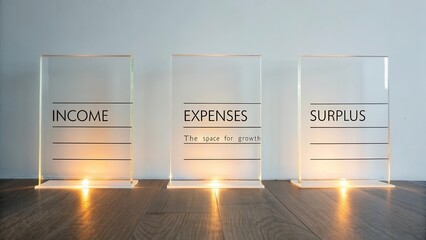 Financial planning concept with 'Income', 'Expenses', and 'Surplus' labels displayed on clear acrylic panels
