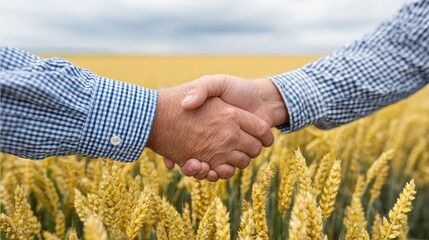 Business handshake in golden wheat field, symbolizing partnership, agreement, and successful agriculture.