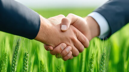 Business handshake in green field. Partnership for agriculture, growth, and sustainability. Corporate deal in nature.