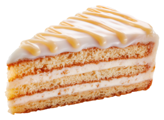 Slice of layered vanilla cake with white frosting and caramel drizzle topping, isolated on transparent background
