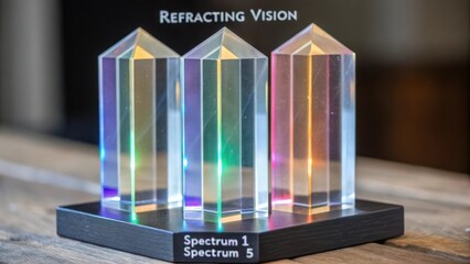 Five transparent acrylic prisms showcasing a spectrum of light and refraction