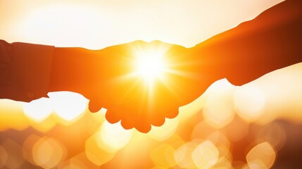 Handshake silhouette with bright sunburst, symbolizing partnership, success, and new beginnings