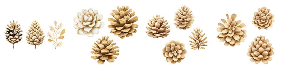 Fototapeta premium Collection of Golden Pine Cones - Autumn and Winter Decoration