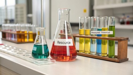 Laboratory setup with assorted glass vials and flasks filled with colorful liquids for scientific research and analysis