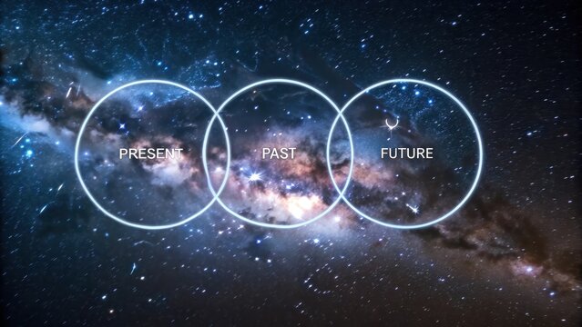 Interconnected luminous rings representing past present and future in a vast cosmic galaxy
