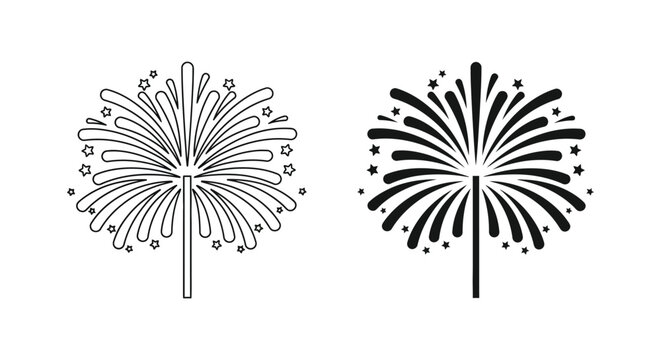 Two firework bursts in black and white stylized designs with intricate detailing silhouette