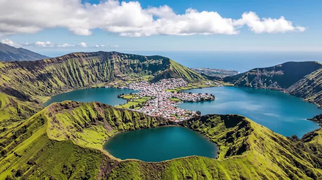 Aerial view of the volcanic crater lake lagoa das sete cidades with the village nestled between the two lakes on so miguel island, azores, portugal, 4k high quality video