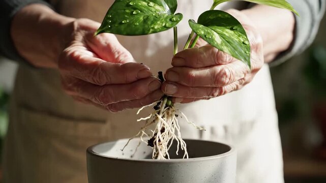 Closeup of elderly hands carefully holding a pothos plant cutting with roots before potting, 4k high quality video