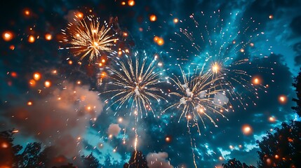 Fototapeta premium 4Th Of July White Red And Blue Scenic Fireworks In The Sky