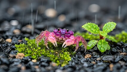 Title Macro of Cute Little Purple Crab on Wet Rocks in the Rain