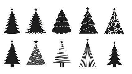 Collection of diverse black Christmas tree silhouettes with varying patterns and designs
