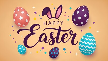 Vibrant 'Happy Easter' Greeting Design Featuring Colorful Decorated Eggs, Playful Bunny Ears, and Elegant Calligraphy for a Joyful Spring Holiday Celebration Banner