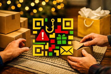 Holiday shopping scam warning with phishing QR code concept