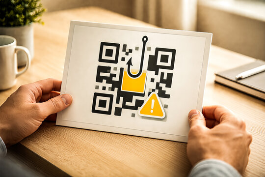 QR code phishing scam concept with hook and warning symbol. - Powered by Adobe