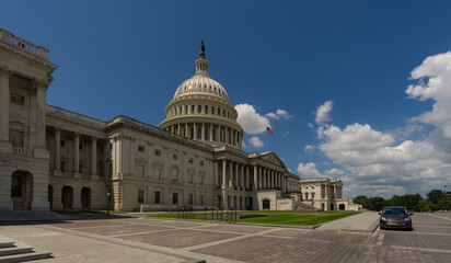 Obraz premium Washington DC Capitol dome. Congress and Senate building. USA flag over Capitol dome. Election day in Washington. Ceremony at American Capitol. President in front of Congress.