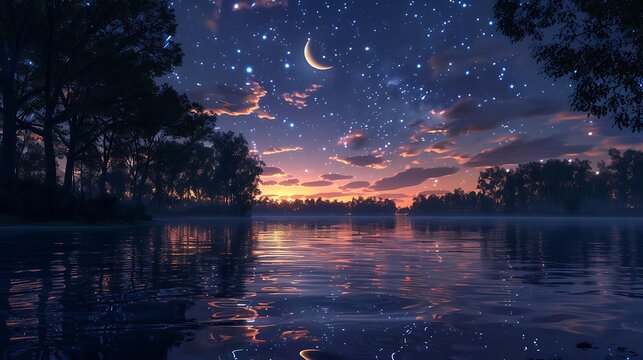 Nighttime Landscape Featuring Serene River Reflecting Cresc