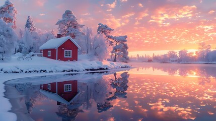Vibrant Red House Stands Alone On Snowy Landscape Reflecting