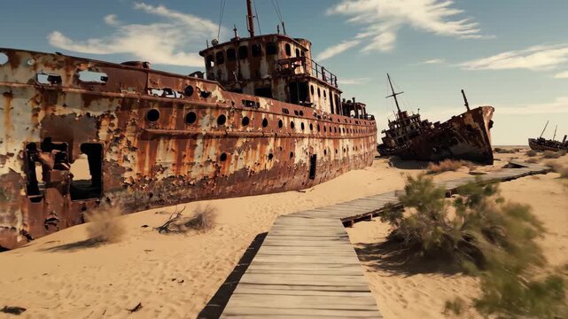 Abandoned rusty shipwrecks in the aral sea desert landscape, 4k high quality video