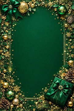 Christmas background with gold ornaments, Luxury Green and Gold New Year Party Invitation Background with Elegant Frame 