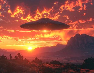 A UFO hovers over a mountain range during a blazing sunset