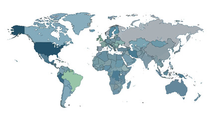Obraz premium World Map Showing Different Regions With Color Variations.