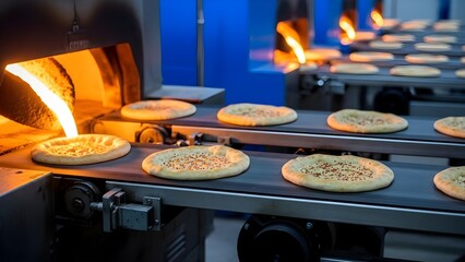 Pizzas baking on a conveyor belt in a commercial oven with flames visible.