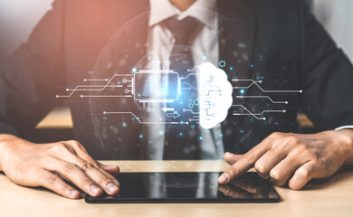 Concept of artificial intelligence and machine learning. A central processor transfers information to a cloud brain, representing a global neural network and deep learning. Fermion