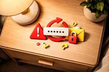 Cybersecurity concept with 3D password reset and security alert icons