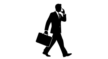 A silhouette of a businessman walking while talking on phone with briefcase in hand on a white background.