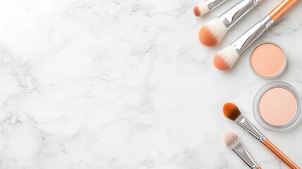 Beauty Product Elegant composition of makeup products, including lipsticks and brushes, arranged on a marble surface with soft, diffused lighting.
