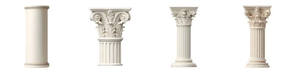 Collection of Classical Columns Isolated on White, Architecture Details