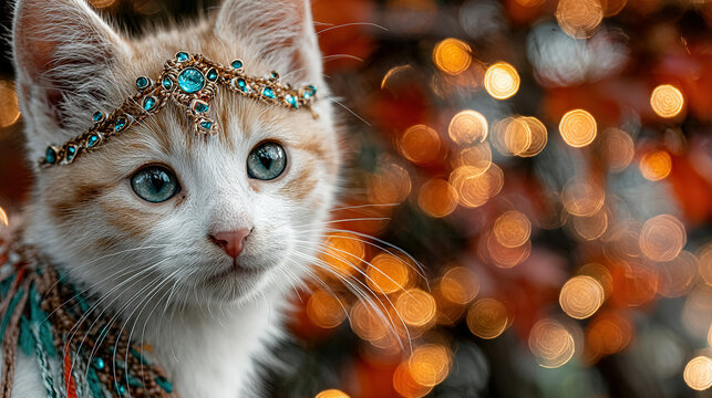 Adorable kitten wearing a decorative headpiece against blurry holiday lights background.