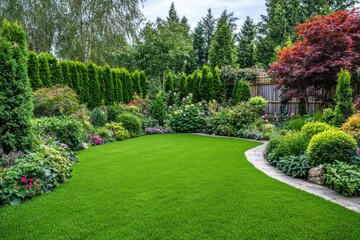 A lush garden with vibrant green grass, a variety of colorful flowers, and a serene pond surrounded by tall trees and a wooden fence.