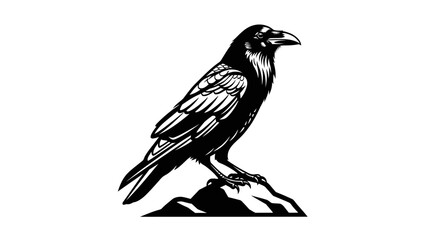 Fototapeta premium Detailed Black and White Illustration of a Raven Perched on a Rock.