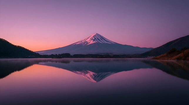 Majestic Mount Fuji reflected in serene lake at sunset - Powered by Adobe