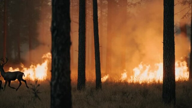 Wildfire rages as deer flee through smoke and burning trees