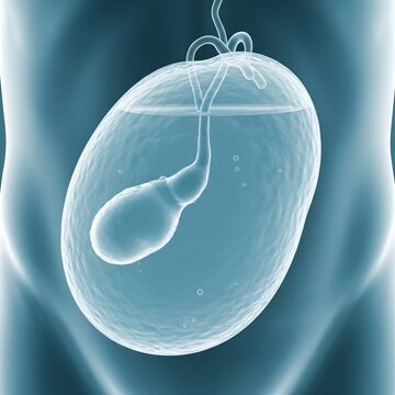 Gallbladder Hydrops/Mucocele: A hugely enlarged, stretched, and taut human gallbladder, filled with clear, non-infectious fluid due to long-term obstruction. Icy blue background, stark clarity, 