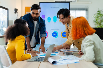 Group of young creative multiethnic business team brain storm meeting presentation,discussing roadmap to product launch, planning,strategy,new business development,working with new startup project