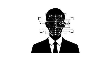 Facial recognition software scans a man's face in a business suit.