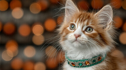 Cute orange and white kitten with a decorative collar looking attentively.