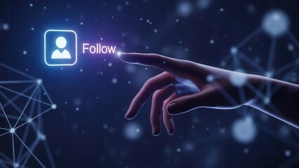 Hand pointing to glowing follow button with profile finger