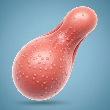 Gallbladder Adenomyomatosis: A human gallbladder with its wall marked by small, bead-like out-pouchings and thickened muscle layers, creating a mottled, textured surface. Soft blue background, photo-r