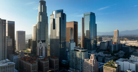 Fototapeta premium Modern cityscape of Los Angeles, California. Drone view of Los Angeles. Panoramic photo of downtown LA skyline. Los Angeles financial district with skyscrapers.