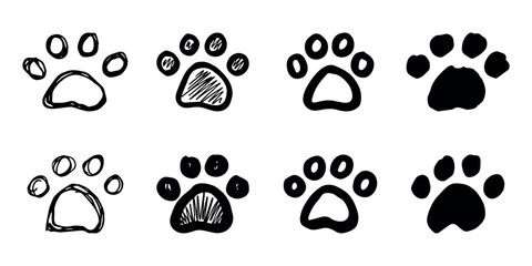 Set of hand drawn cute cat's paw Cat, dog, animal footprint in doodle style Single element for print, web, design, decor, greeting cards, children's prints © Daria Shane