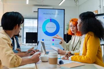 Group of young creative multiethnic business team brain storm meeting presentation,discussing roadmap to product launch, planning,strategy,new business development,working with new startup project